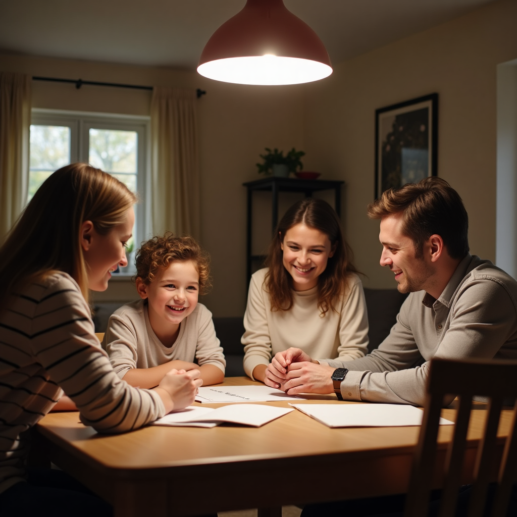 Family discussing household budget